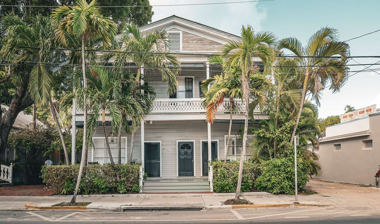 A wood-frame Florida house with a porch behind tall palms